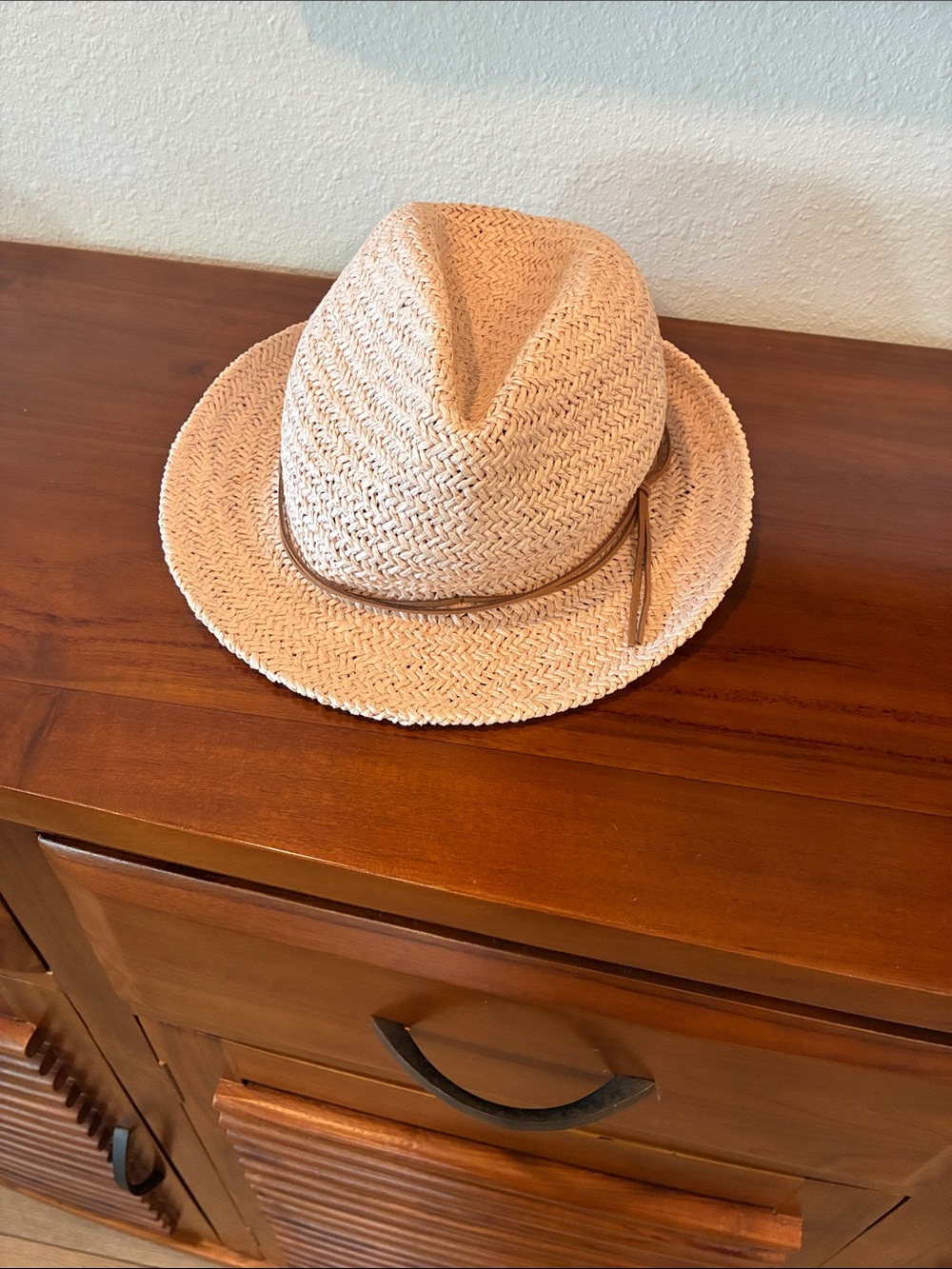 Ladies light Pink Straw Fedora with Brown Trim